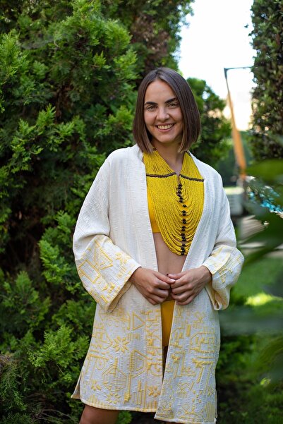 Kadın Krem-Sarı Hitit Kimono