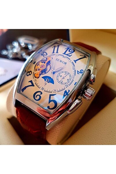 Lige Sewor Watch Otomatik Mekanizma Kahverengi Deri Kordon Kol Saati