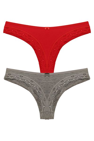 Liona Red Gray Color Optional Brazilian Bikini Briefs with Lace Edges