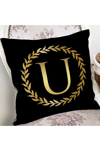 Realhomes Fundal negru, frunze de aur, cu litera U, design special, husă de pernă imprimată digital