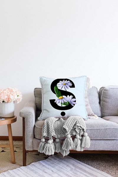 Realhomes Διπλής όψης μπλε φόντο Floral μοτίβο μαύρο γράμμα S Ειδικό σχέδιο Ψηφιακό τυπωμένο κάλυμμα μαξιλαριού Raschel Throw