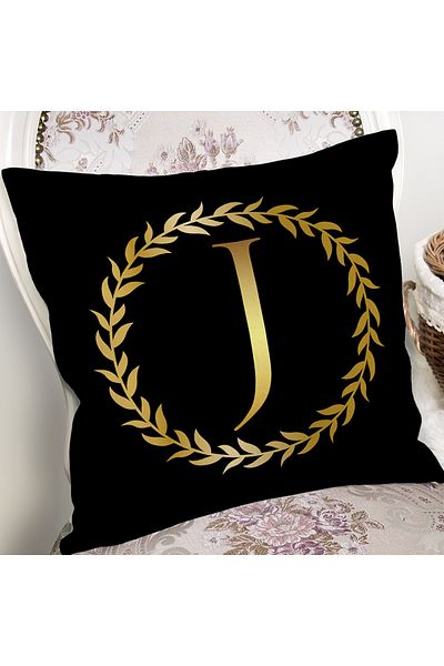 Realhomes Fundal negru, frunze de aur, cu litera J, design special, husă de pernă cu imprimare digitală