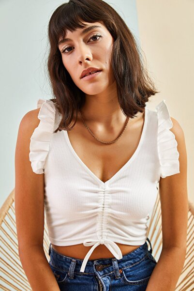 Bianco Lucci Women's Blouse with Ruffled Sleeves and Front Adjustable Gathering Detail