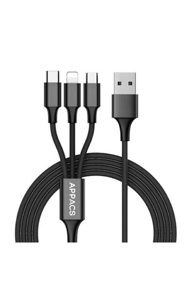 appacs Usb Data Ve Şarj Kablosu 3 Lü Siyah Iphone Micro Type-c