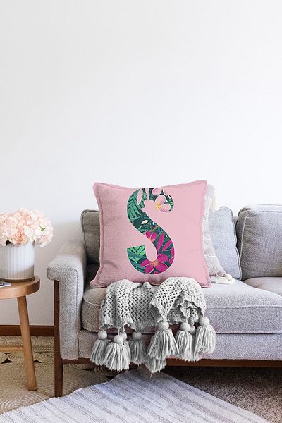 Realhomes Double Sided Pink Floor Tropical Leaf Letter S Special Design Digital Printed Raschel Throw Pillow Cover