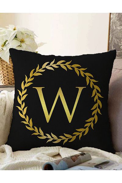 Realhomes Double Sided Black Background Gold Leaf Framed Letter W Special Design Raschel Knitted Pillow Throw Pillow Cover