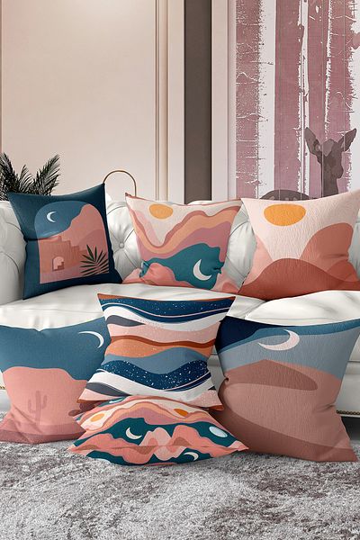Realhomes Set of 7 Double Sided Special Design Pastel Colored Digital Printed Throw Pillow Covers