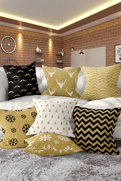 Realhomes Set of 7 Double Sided Black Gold Christmas Designed Digital Printed Throw Pillow Covers