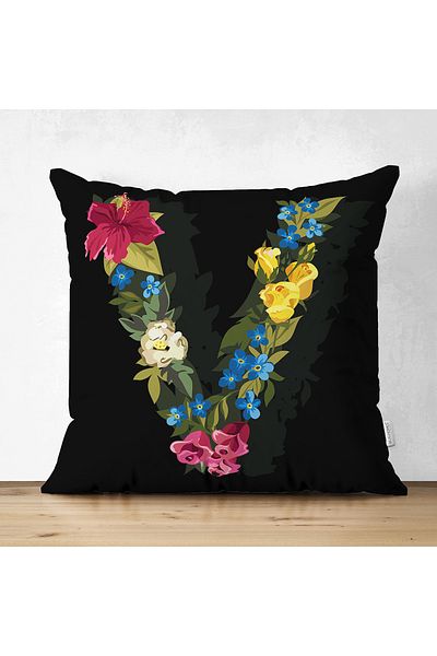Realhomes Double Sided Black Floor Colored Rose Themed Letter V Special Design Modern Suede Pillow Throw Pillow Cover
