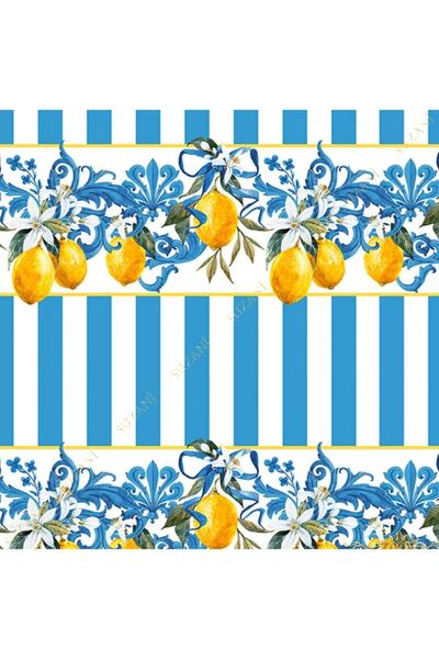 SUZANİ Mavi Çizgili Limon Desenli Dijital Baskılı Kumaş Kms1037
