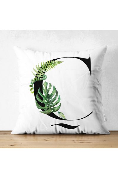 Realhomes Double Sided White Background Leaf Motif Black Letter C Special Design Modern Suede Pillow Throw Pillow Cover
