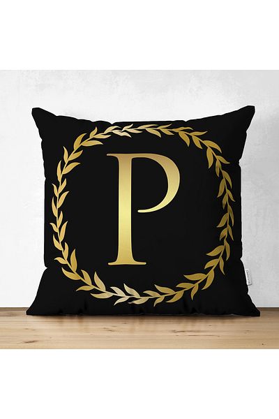 Realhomes Double Sided Black Background Gold Leaf Framed Letter P Special Design Modern Suede Throw Pillow Cover