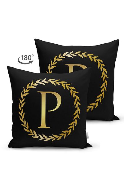 Realhomes Double Sided Black Background Gold Leaf Framed Letter P Special Design Modern Suede Throw Pillow Cover
