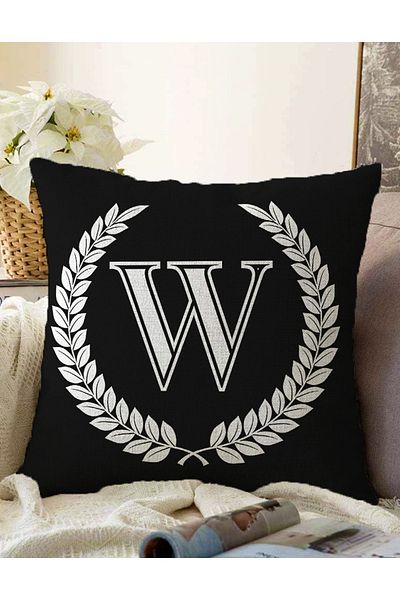 Realhomes Double Sided Black and White Wreathed Letter W Special Design Digital Printed Raschel Pillow Throw Pillow Cover