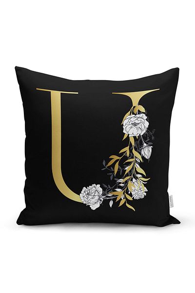 Realhomes Fundal negru Motiv trandafir alb Litera aurie U Design special Husa de perna cu imprimare digitala