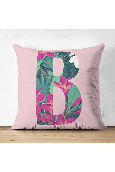 Realhomes Husă de pernă cu două fețe roz, frunze tropicale, litera B, design ...