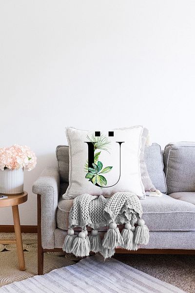 Realhomes Fundal alb cu două fețe Motiv cu frunze Litera neagră U Design special Husă de pernă tricotată Raschel