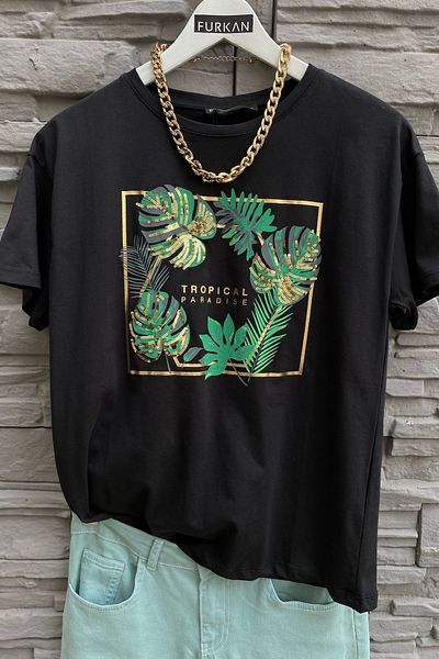 FEMELLE Tricou negru din bumbac cu paiete Tropical Leaf pentru femei
