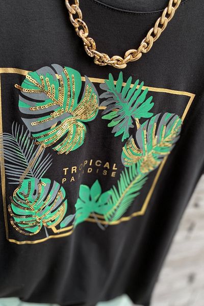 FEMELLE Tricou negru din bumbac cu paiete Tropical Leaf pentru femei