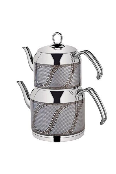 ÖZLİFE Enza Inox & Gri S Desen Orta Boy Çaydanlık Takımı 156g