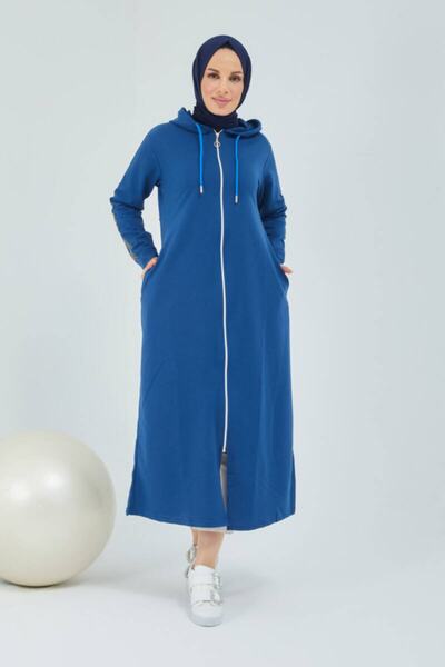 BURCU TESETTÜR Önden Fermarlı Kapşonlu Spor Ferace Bts0008 Indigo