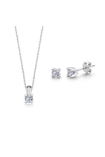 Mia Vento Mia Zirconia 0.60 Karat V Model Gümüş Tektaş Kolye Küpe Ikili Set