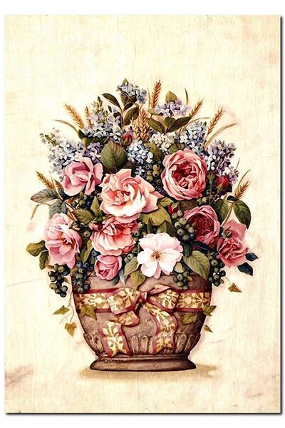 Cakatablo Ahşap Tablo Sepette Pembe Güller Görseli (50x70 Cm Boyut)