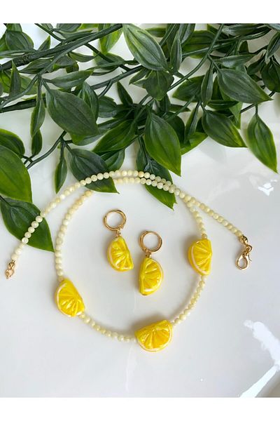 Neta Women's Natural Mother of Pearl Stone Bead Lemon Necklace Earring Set