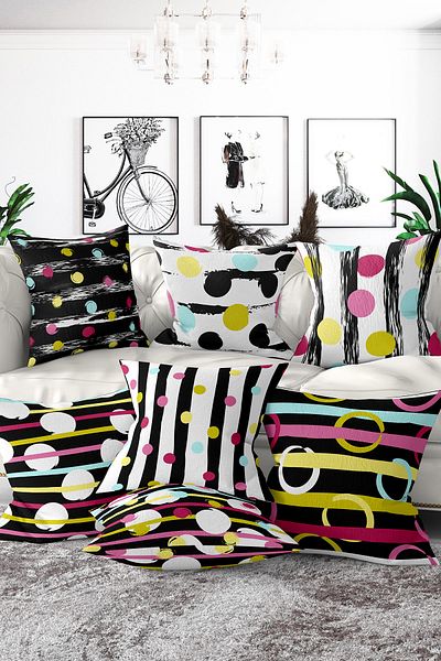 Realhomes Set de 7 huse de pernă cu două fețe, cu dungi negre, colorate, imprimate digital