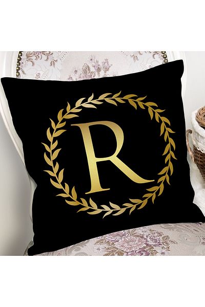 Realhomes Fundal negru, frunze de aur, cu litera R, design personalizat, imprimat digital, husă de pernă