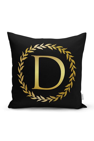 Realhomes Fundal negru, frunze de aur, litera D, design special, husă de pernă cu imprimare digitală
