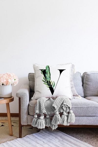 Realhomes Fundal alb cu două fețe Motiv cu frunze Litera neagră V Design special Husă de pernă tricotată Raschel
