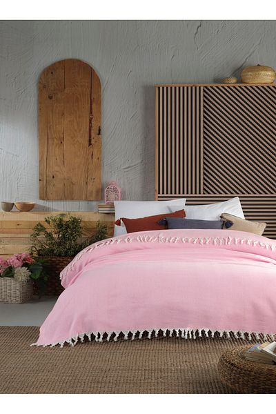 Lux Touch غطاء أريكة سرير مزدوج من Lily Pink مقاس 200 × 220 سم منسوج من القطن مع شرابة