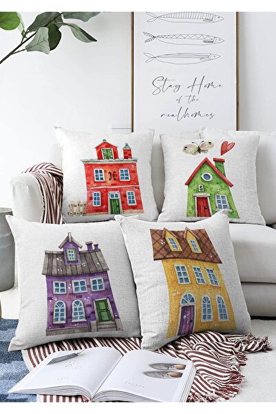 Realhomes 4'lü Çift Taraflı Renkli Evler Özel Tasarım Dijital Baskılı Modern ...