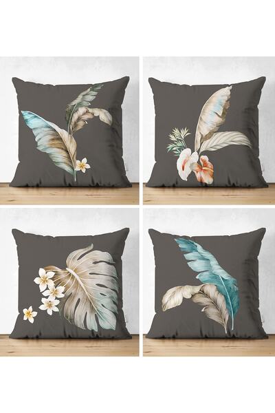 Realhomes 4'lü Çift Taraflı Koyu Zeminli Tüy Motifli Dijital Baskılı Modern S...