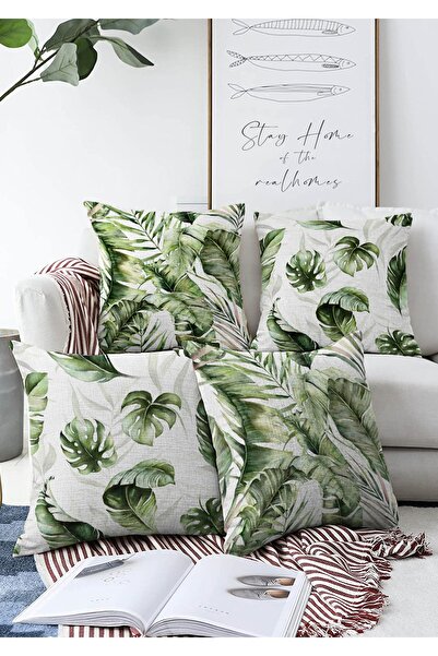 Realhomes 4'lü Çift Taraflı Yeşil Egzotik Yaprak Tasarımlı Dijital Baskılı Mo...