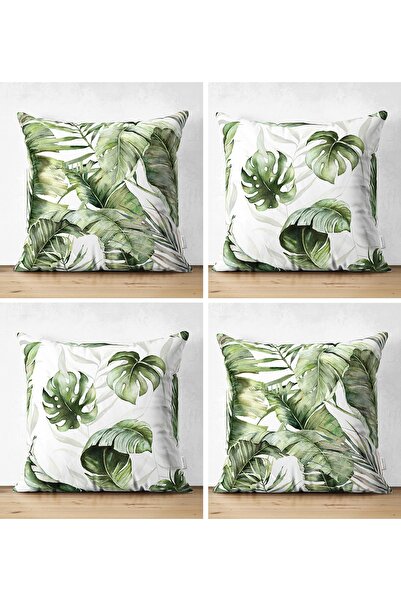 Realhomes 4'lü Çift Taraflı Yeşil Egzotik Yaprak Tasarımlı Dijital Baskılı Mo...
