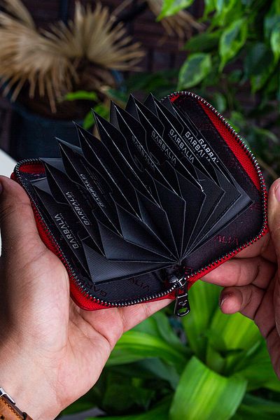 Garbalia Clovis Red Card Holder - Genuine Leather, Zippered Accordion Bag