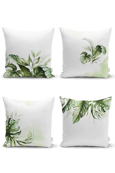 Realhomes Set de 4 huse de pernă moderne cu fundal alb cu motiv verde tropical