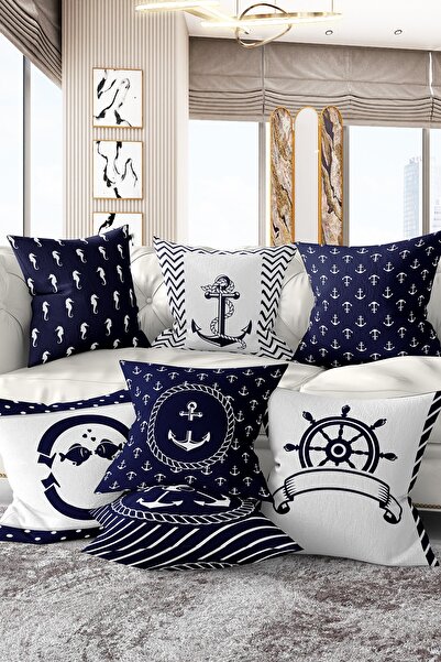 Realhomes Set de huse de pernă cu 7 bucăți, cu două fețe, albastru marine și alb, design Sailor, imprimat digital