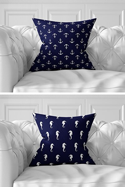 Realhomes Set de huse de pernă cu 7 bucăți, cu două fețe, albastru marine și alb, design Sailor, imprimat digital