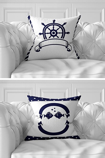 Realhomes Set de huse de pernă cu 7 bucăți, cu două fețe, albastru marine și alb, design Sailor, imprimat digital