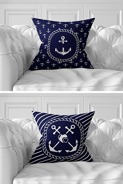 Realhomes Set de huse de pernă cu 7 bucăți, cu două fețe, albastru marine și alb, design Sailor, imprimat digital