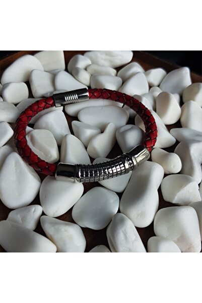 Ts000851 - Gerçek Deri, Kiremit Kırmızısı Deri P.çelik El Işi/tasarım Erkek Bileklik 6,5 Cm Iç Çap