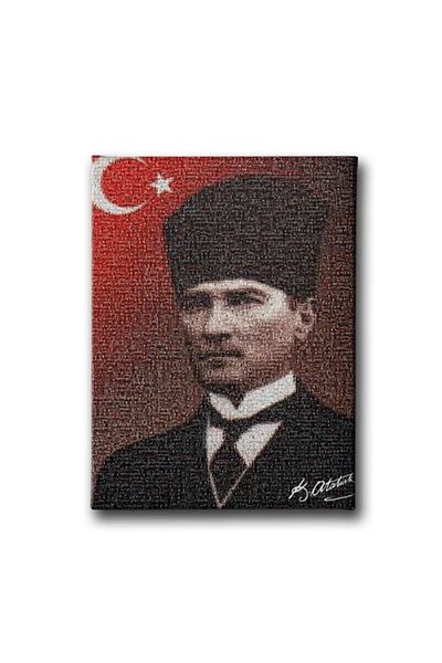 Desenlio Signed Atatürk Portrait Canvas Painting with Turkish Flag