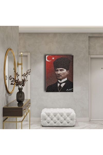 Desenlio Signed Atatürk Portrait Canvas Painting with Turkish Flag