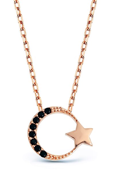 Argentum Concept 925 Ayar Gümüş Siyah Taşlı Rose Ay-Yıldız Kolye - N134401