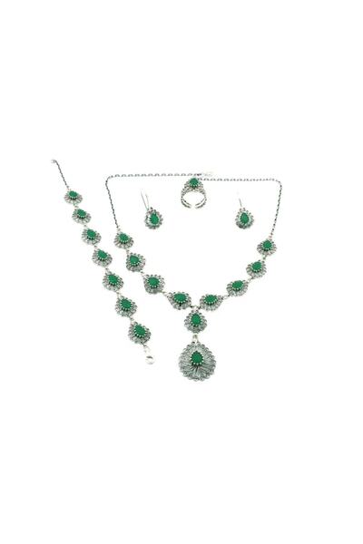 Aykat Kök Zümrüt Taşlı Telkari Gümüş Takım Kolye Bileklik Küpe Üçlü Set Tkm-206