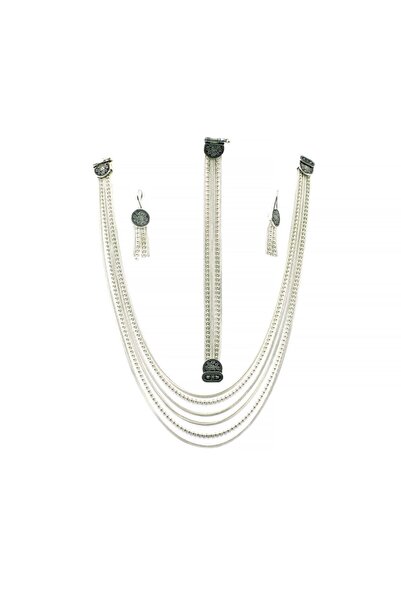 Aykat Midyat Hasırı Gümüş Takım Akıtmalı Çok Zincirli Kolye Bileklik Küpe Set Tkm-202