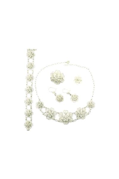 Aykat El Işi Telkari Gümüş Papatya Modeli Takım Kolye Bileklik Küpe Seti 925 Ayar Tkm-217